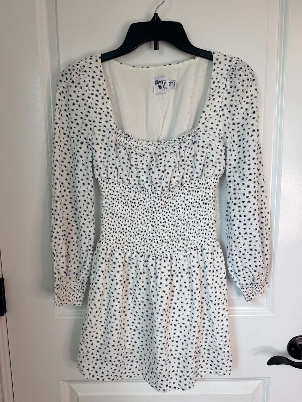 Princess Polly White and Navy Polka Dot Long Sleeve Smocked Mini Dress 4